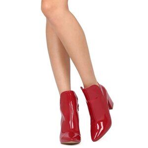 Red Patent Leatherette Boot Block‎ Heel Pointed Toe Liliana Zoya-4  Vegan Size 7